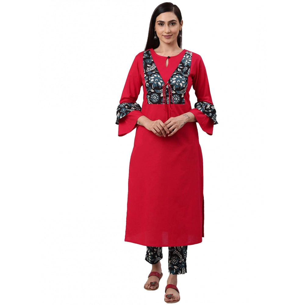 Rani Pink cotton bell sleeves kurti set with floral print, knee-length, keyhole neck