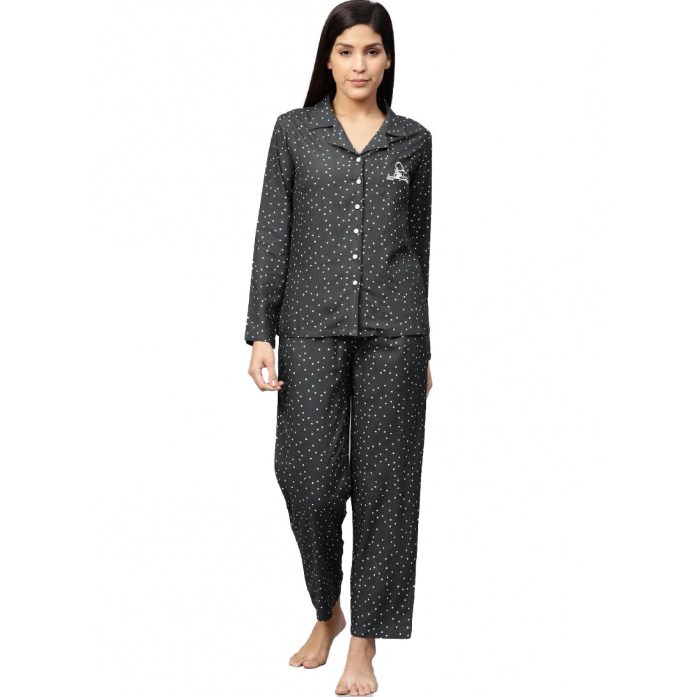 Grey Rayon Polka Dot Printed Women's Casual Night Suit Set (Shirt & Pyjama Pants)