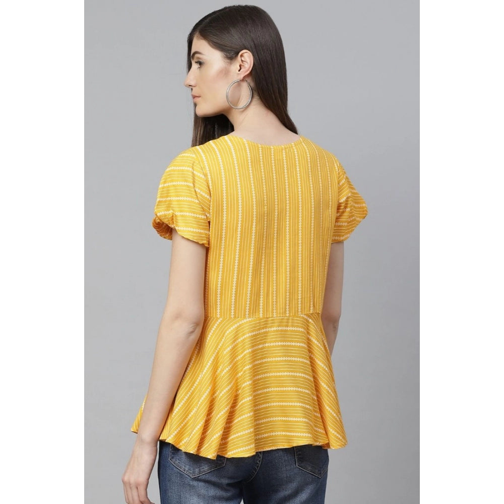 Mustard stripe printed rayon short sleeve top for women, casual style on mannequin