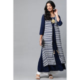 Navy Blue Geometric Rayon Kurti for Women - Casual 3/4 sleeve floral length with round neck