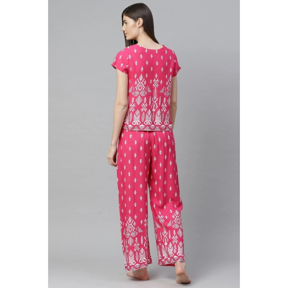 Pink rayon printed pajama set for women, short sleeves and round neckline on display