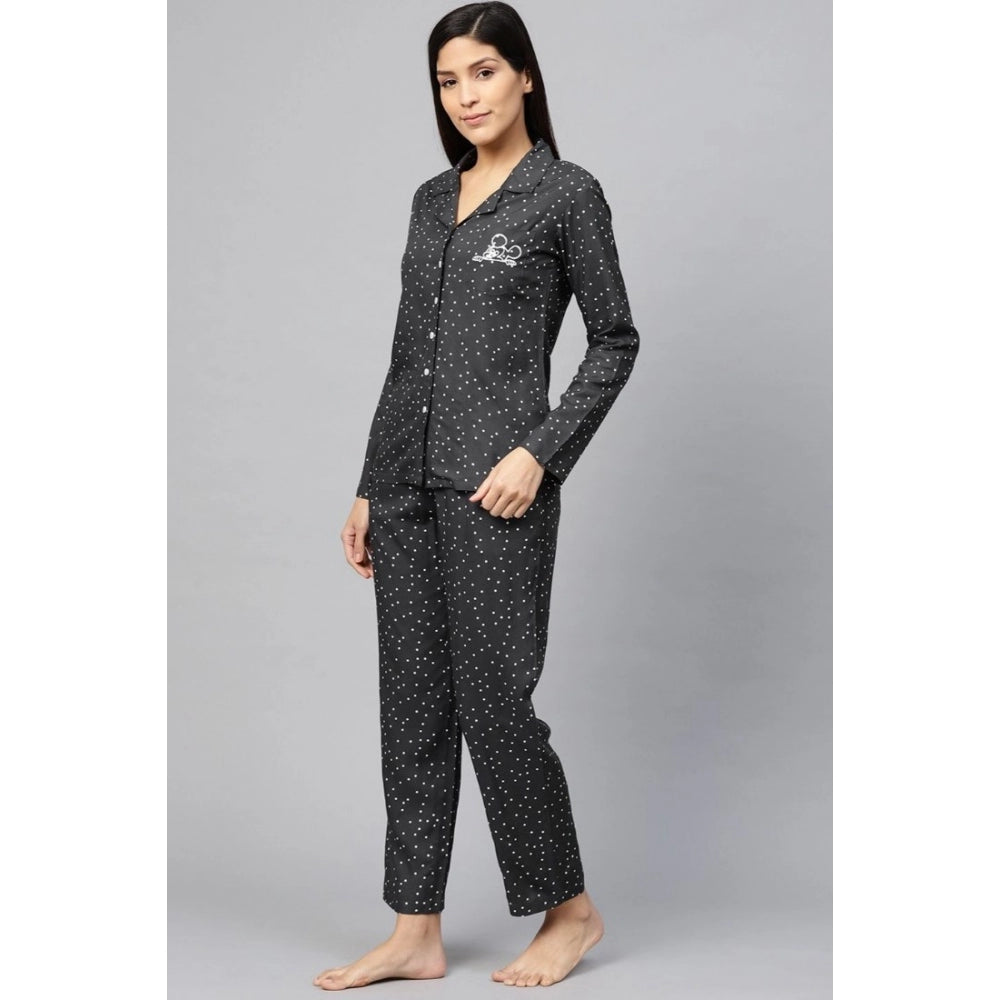 Grey Rayon Polka Dot Printed Night Suit Set - Shirt with Pyjama Pants for Women