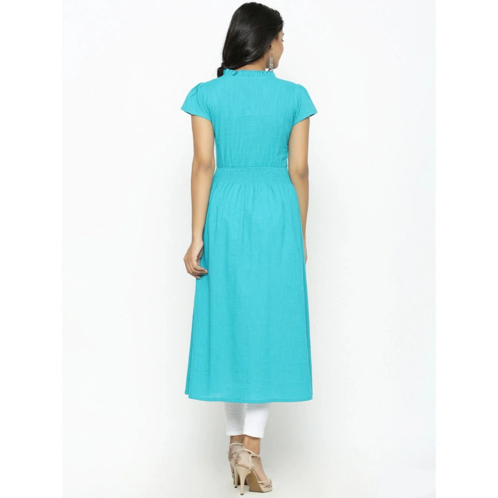 Torque Green embroidery cotton slub kurti, casual short sleeve calf length with mandarin collar