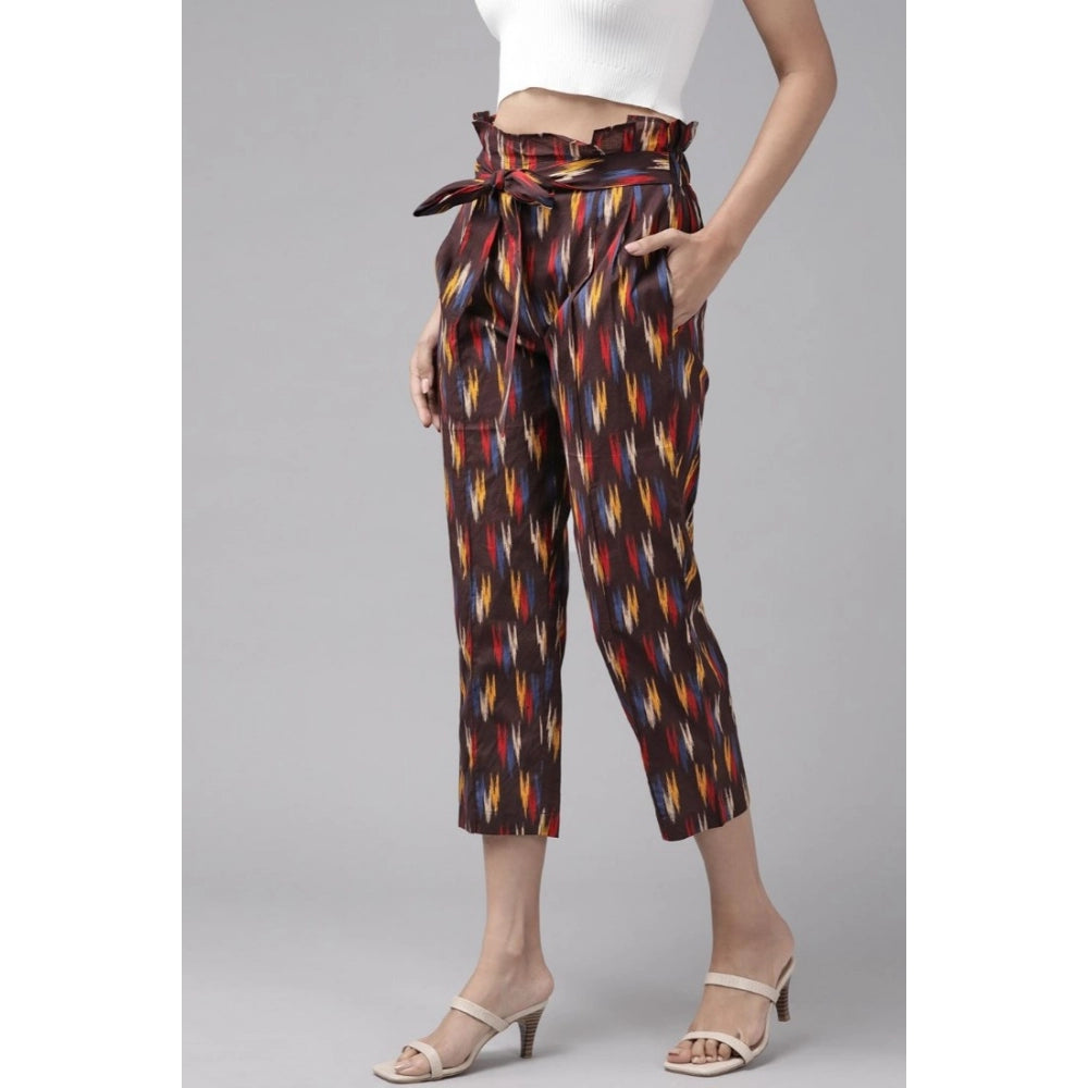 MultiColor printed cotton trousers for women, casual ankle length style on model