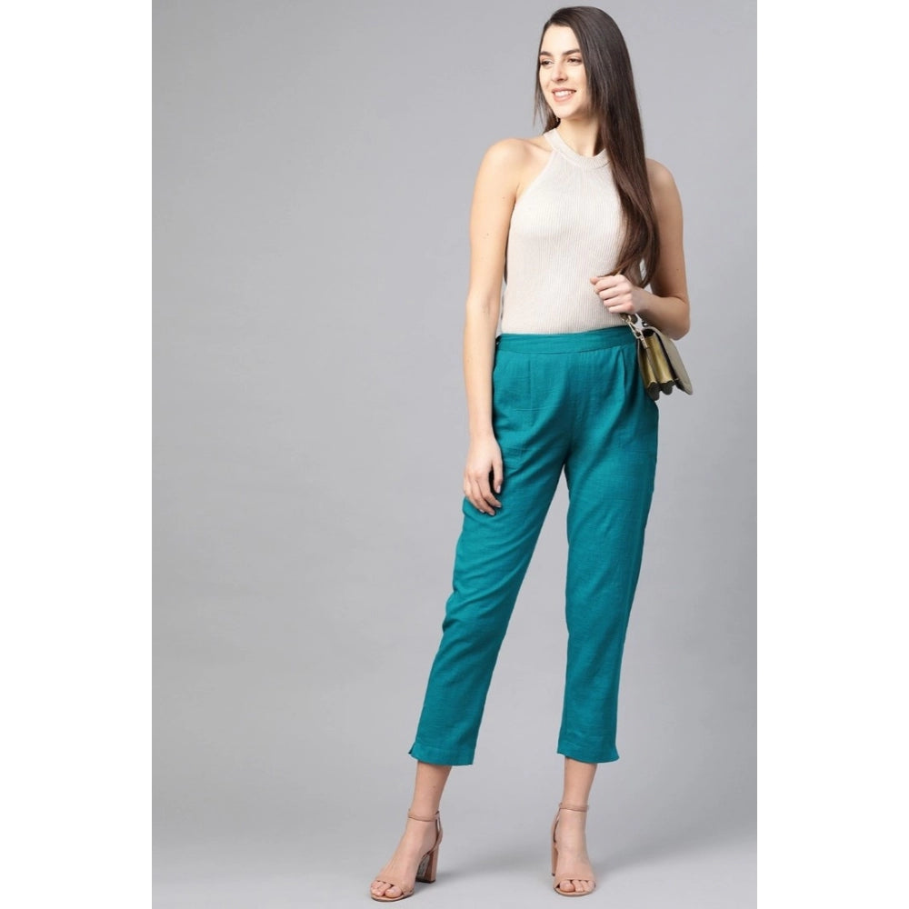 Rama Blue cotton slub trouser pant for women, solid pattern, ankle length style