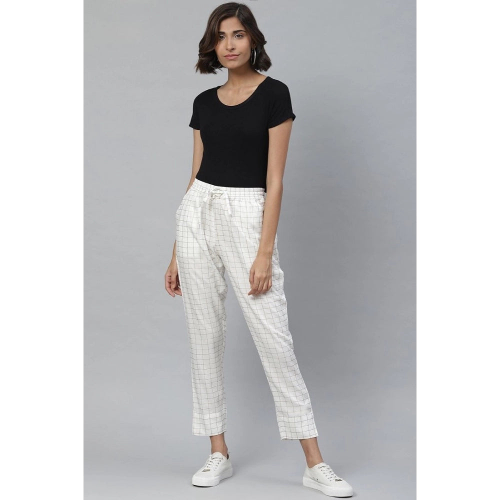 White rayon checked trouser pants for casual wear (ankle length)