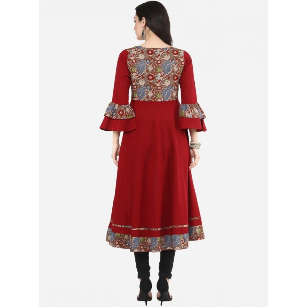 Maroon printed cotton bell sleeves kurti for women's casual style, knee length with round neck