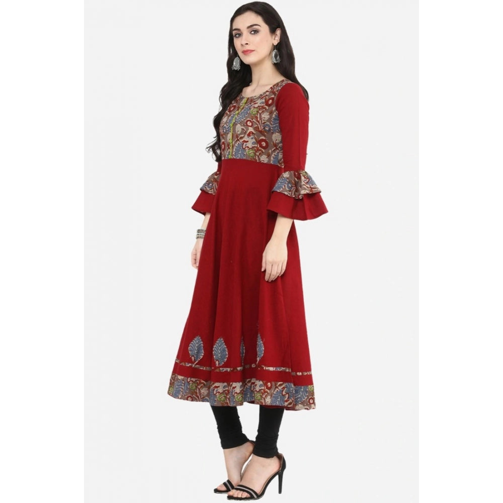 Maroon printed cotton bell sleeve kurti for women, casual style with knee-length and round neck