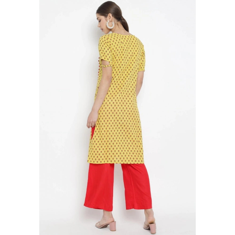 Yellow & Red floral printed cotton & rayon women's casual kurti palazzo set with knee length and short sleeves