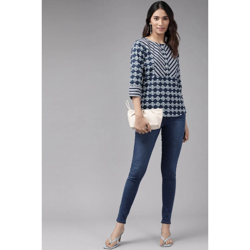 Blue floral printed 3/4 sleeve cotton top for women, casual style with round neck