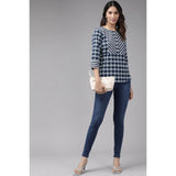 Blue floral printed 3/4 sleeve cotton top for women, casual style with round neck