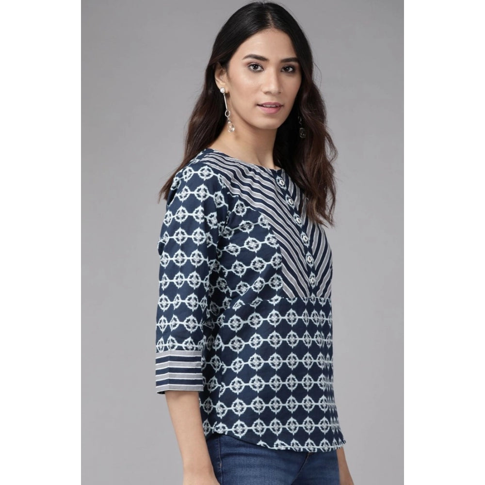 Blue floral printed cotton short top with 3/4 sleeves and round neck for women