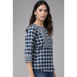 Blue floral printed cotton short top with 3/4 sleeves and round neck for women