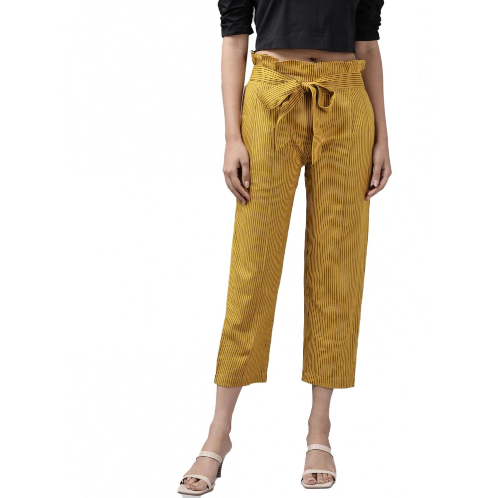Mustard cotton flex printed trouser pant for women, ankle length casual wear