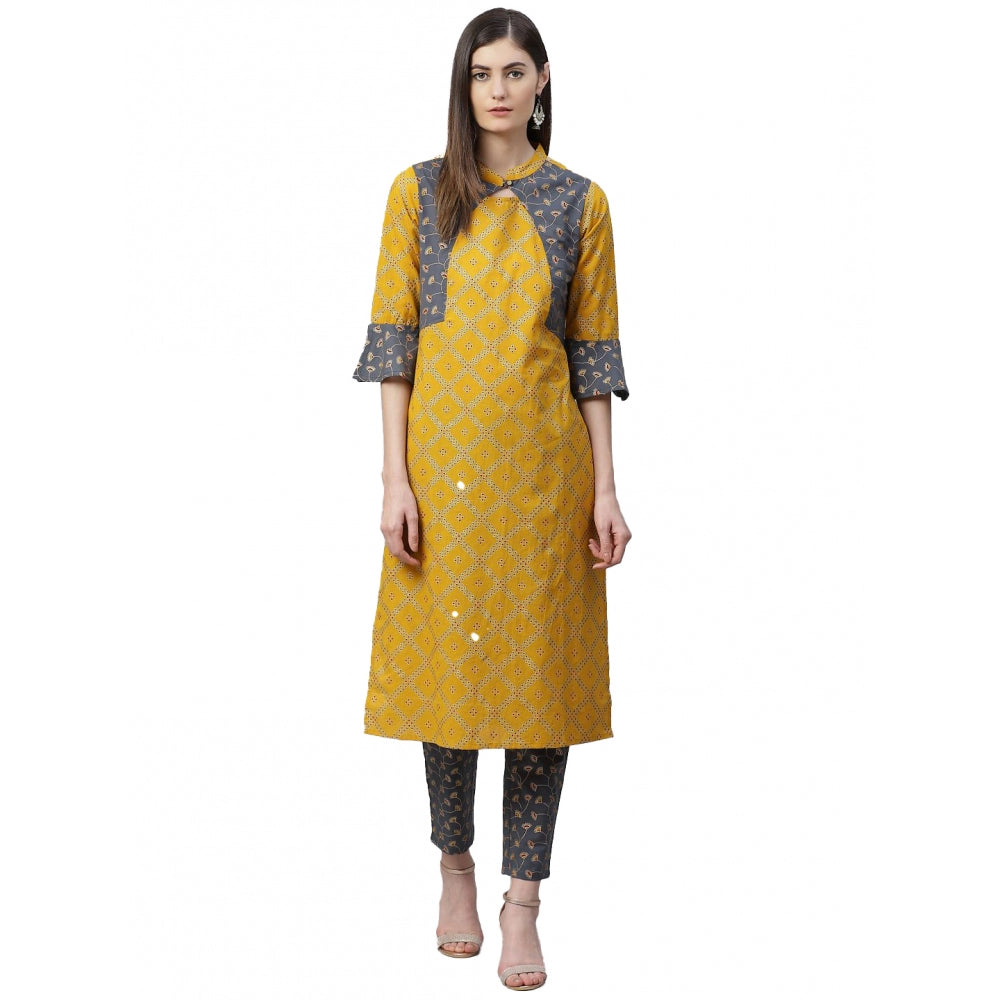 Yellow cotton geomatrical printed kurti set with bell sleeves and mandarin collar, knee-length women's casual clothing