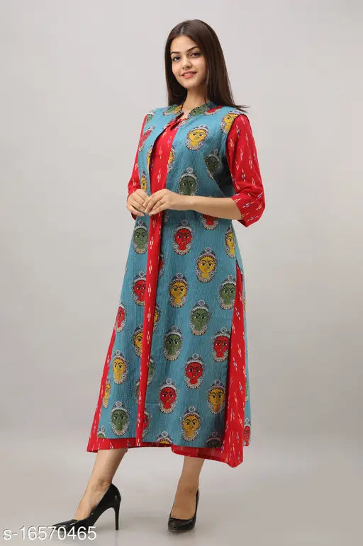 Red & Sky Blue Pure Cotton A-Line Kurta Set, Kalamkari Print, Katha Cotton, 3/4th Sleeve, Wooden Buttons