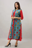 Red & Sky Blue Pure Cotton A-Line Kurta Set, Kalamkari Print, Katha Cotton, 3/4th Sleeve, Wooden Buttons
