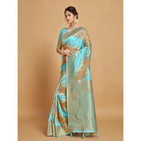 Gillkart Women's Linen Printed Saree With Unstitched Blouse (Sky Blue, 5-6 Mtrs)