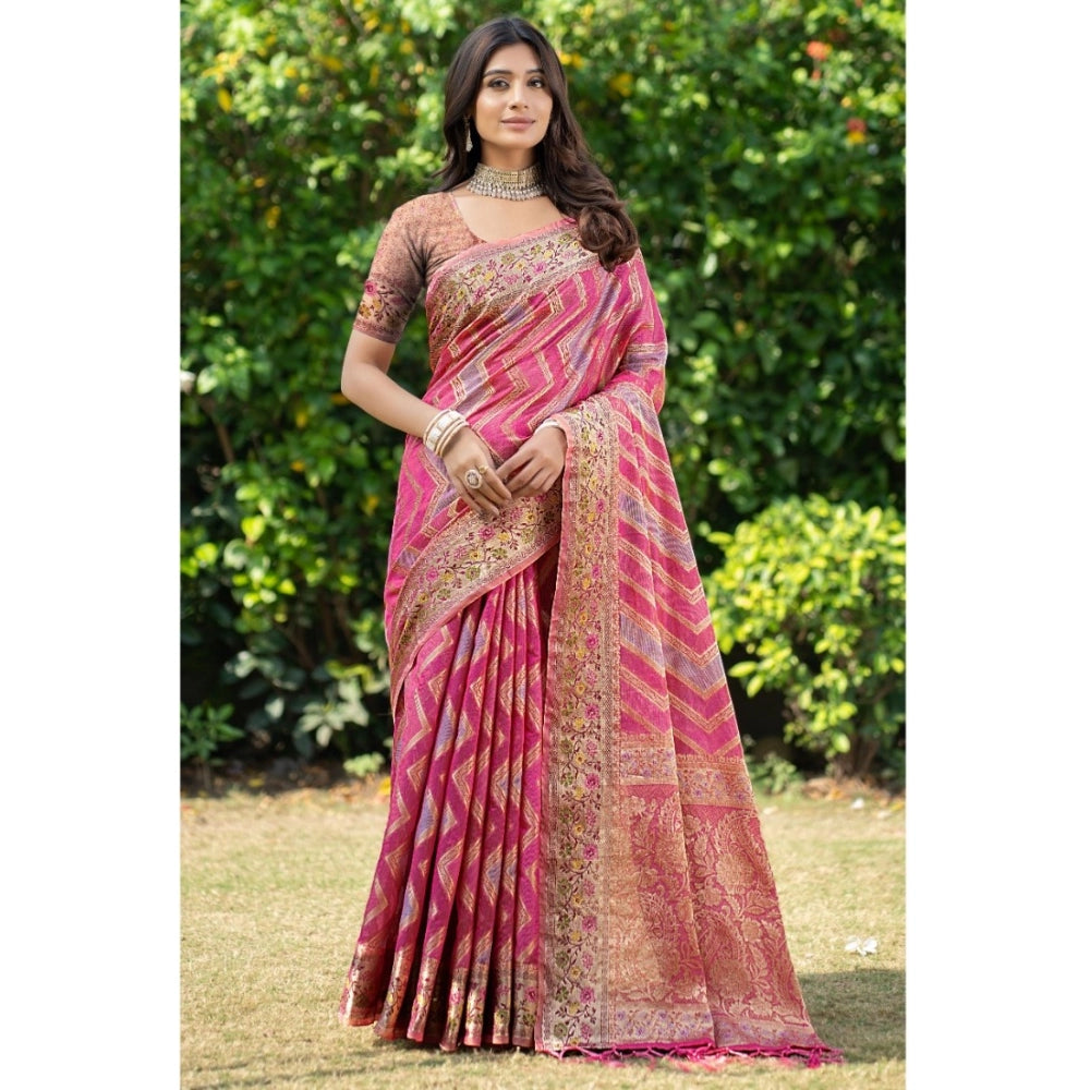 Gillkart Women's Organza Printed Saree With Unstitched Blouse (Pink, 5-6 Mtrs)