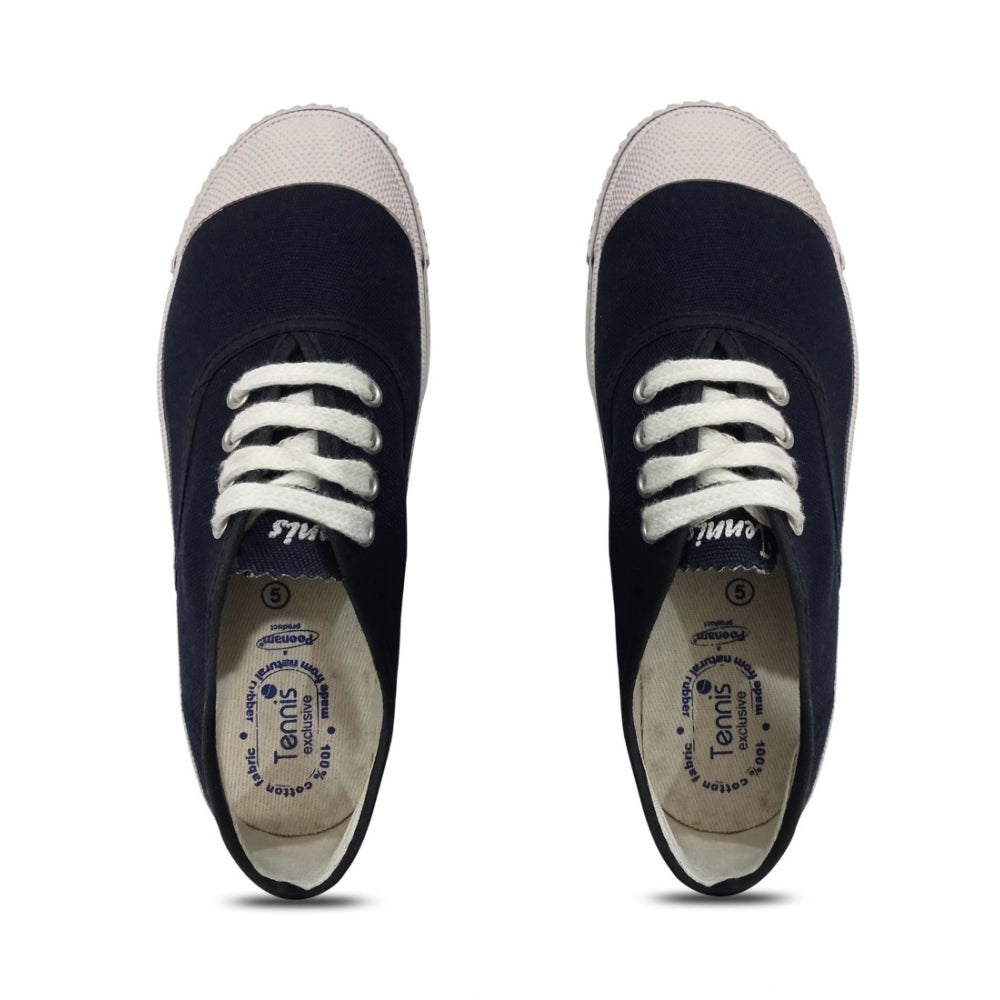 Navy blue cotton school shoes, lace-up design