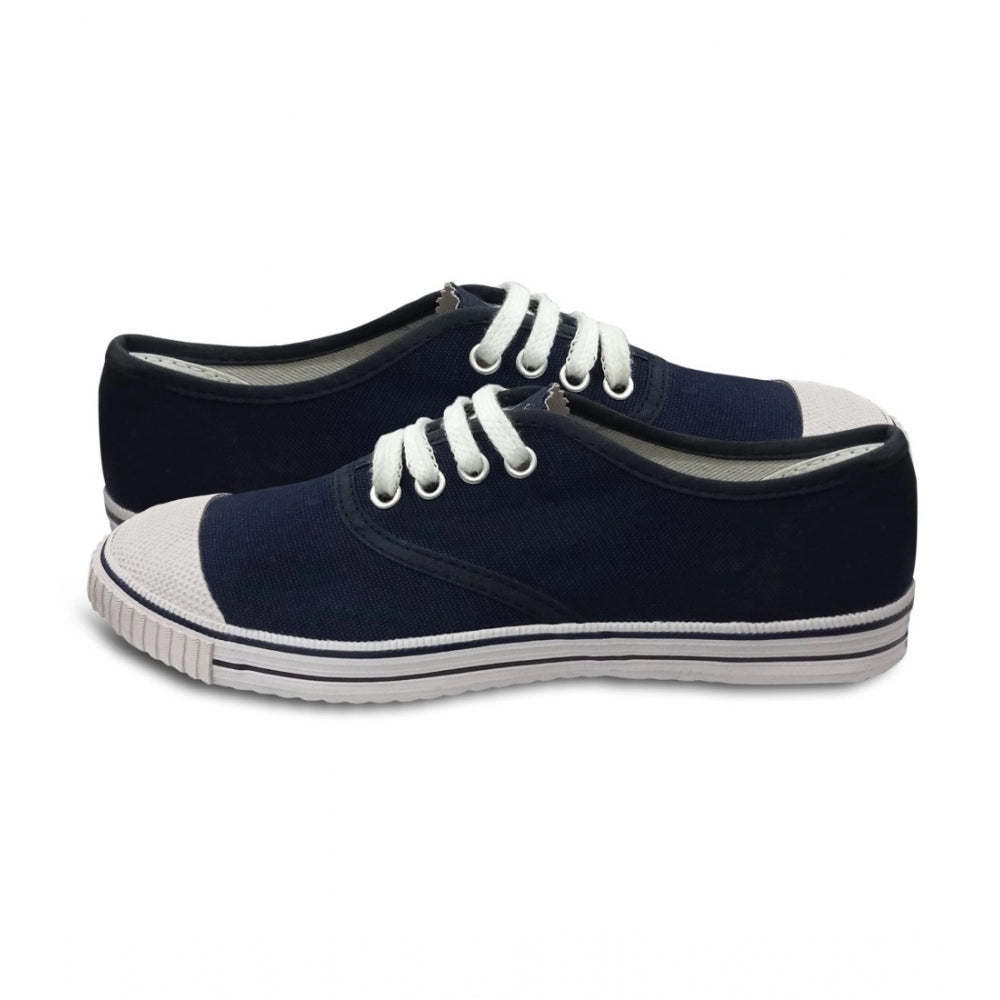 Navy blue cotton school shoes, lace-up with white trim