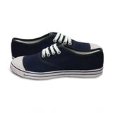 Navy blue cotton school shoes, lace-up with white trim