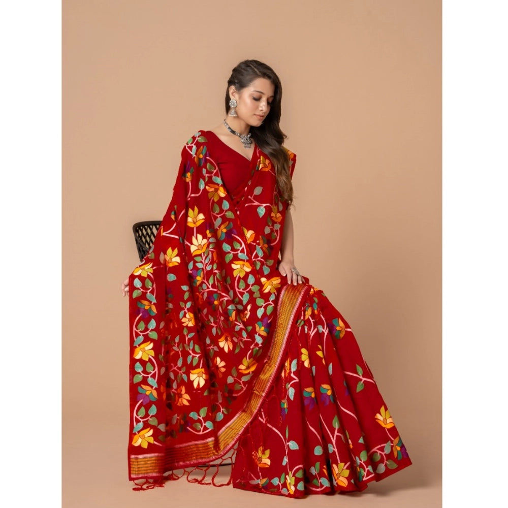 Gillkart Women's Cotton Printed Saree With Unstitched Blouse (Red, 5-6 Mtrs)