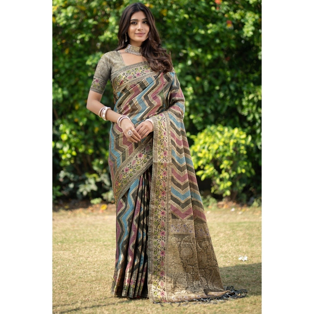 Gillkart Women's Organza Printed Saree With Unstitched Blouse (Grey, 5-6 Mtrs)
