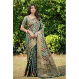 Gillkart Women's Organza Printed Saree With Unstitched Blouse (Green, 5-6 Mtrs)