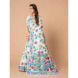 Gillkart Women's Cotton Printed Saree With Unstitched Blouse (White, 5-6 Mtrs)