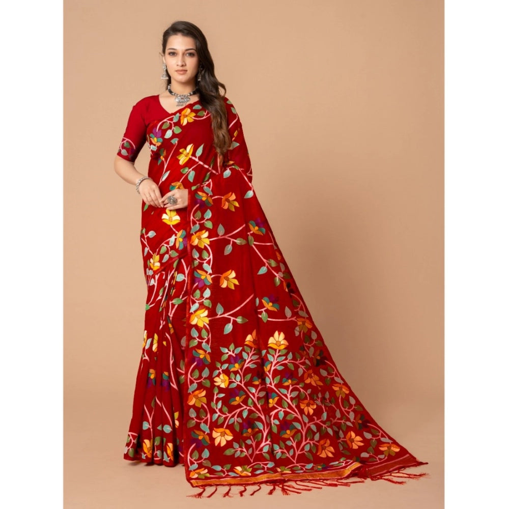 Gillkart Women's Cotton Printed Saree With Unstitched Blouse (Red, 5-6 Mtrs)