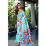 Gillkart Women's Cotton Printed Saree With Unstitched Blouse (Sky Blue, 5-6 Mtrs)