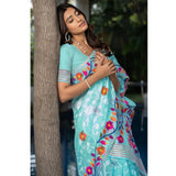 Gillkart Women's Cotton Printed Saree With Unstitched Blouse (Sky Blue, 5-6 Mtrs)