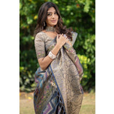 Gillkart Women's Organza Printed Saree With Unstitched Blouse (Teal, 5-6 Mtrs)