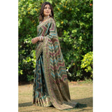 Gillkart Women's Organza Printed Saree With Unstitched Blouse (Green, 5-6 Mtrs)