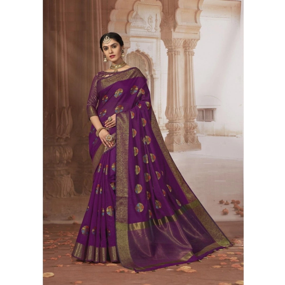 Gillkart Women's Chanderi Cotton Printed Saree With Unstitched Blouse (Purple, 5-6 Mtrs)