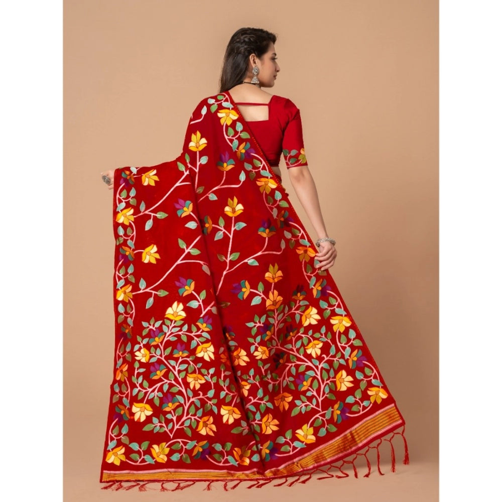 Gillkart Women's Cotton Printed Saree With Unstitched Blouse (Red, 5-6 Mtrs)