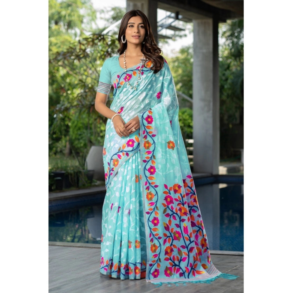 Gillkart Women's Cotton Printed Saree With Unstitched Blouse (Sky Blue, 5-6 Mtrs)