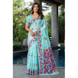 Gillkart Women's Cotton Printed Saree With Unstitched Blouse (Sky Blue, 5-6 Mtrs)