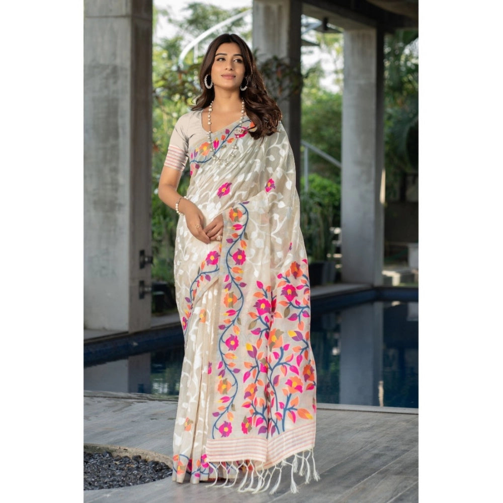 Gillkart Women's Cotton Printed Saree With Unstitched Blouse (Off-White, 5-6 Mtrs)