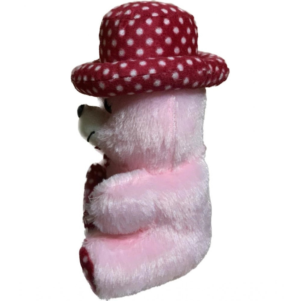 Pink cotton teddy bear cap with heart accessory, versatile decor item for car dashboard, office, or home, ideal gift for loved ones