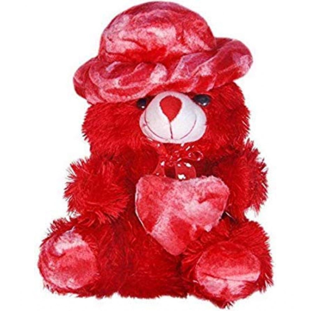 Red cotton teddy bear with heart and cap, perfect for gift-giving or home decor