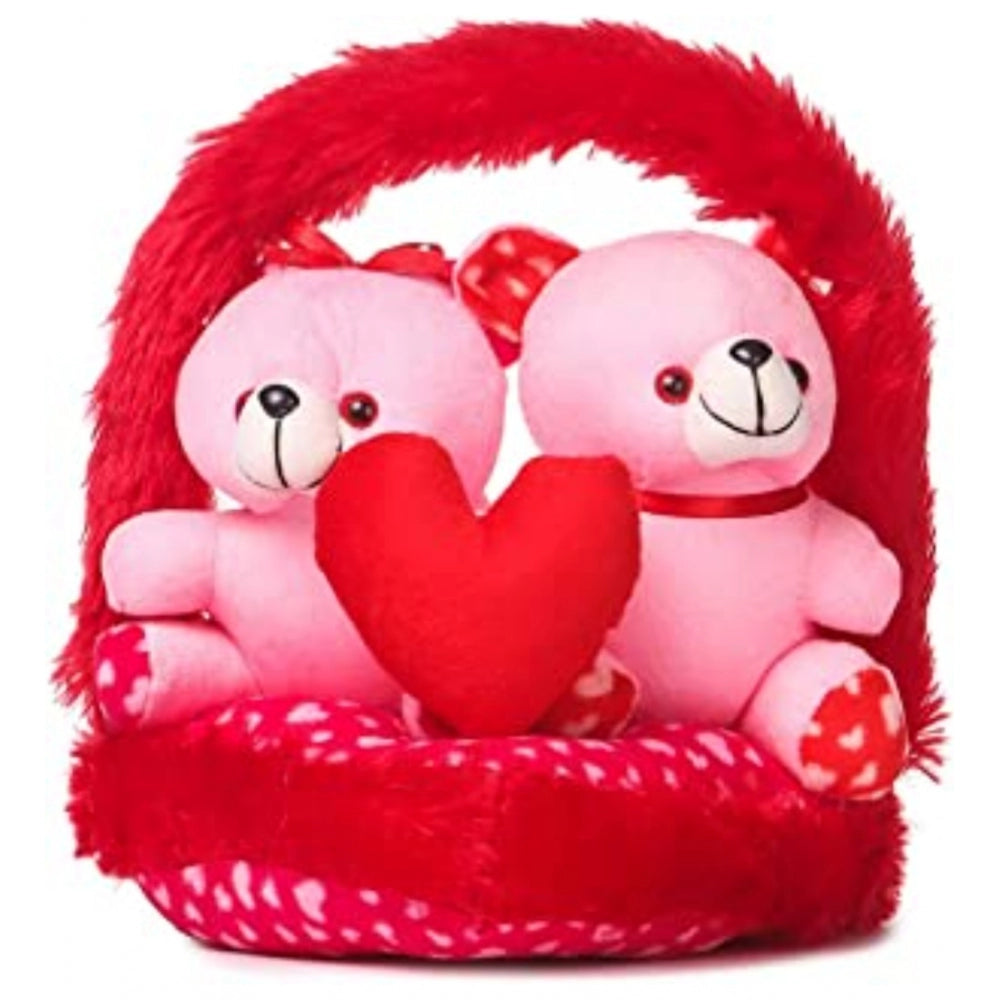 Red and pink cotton fiber teddy bear couple in basket - Jula decor item for home, office, or car dashboard, ideal gift
