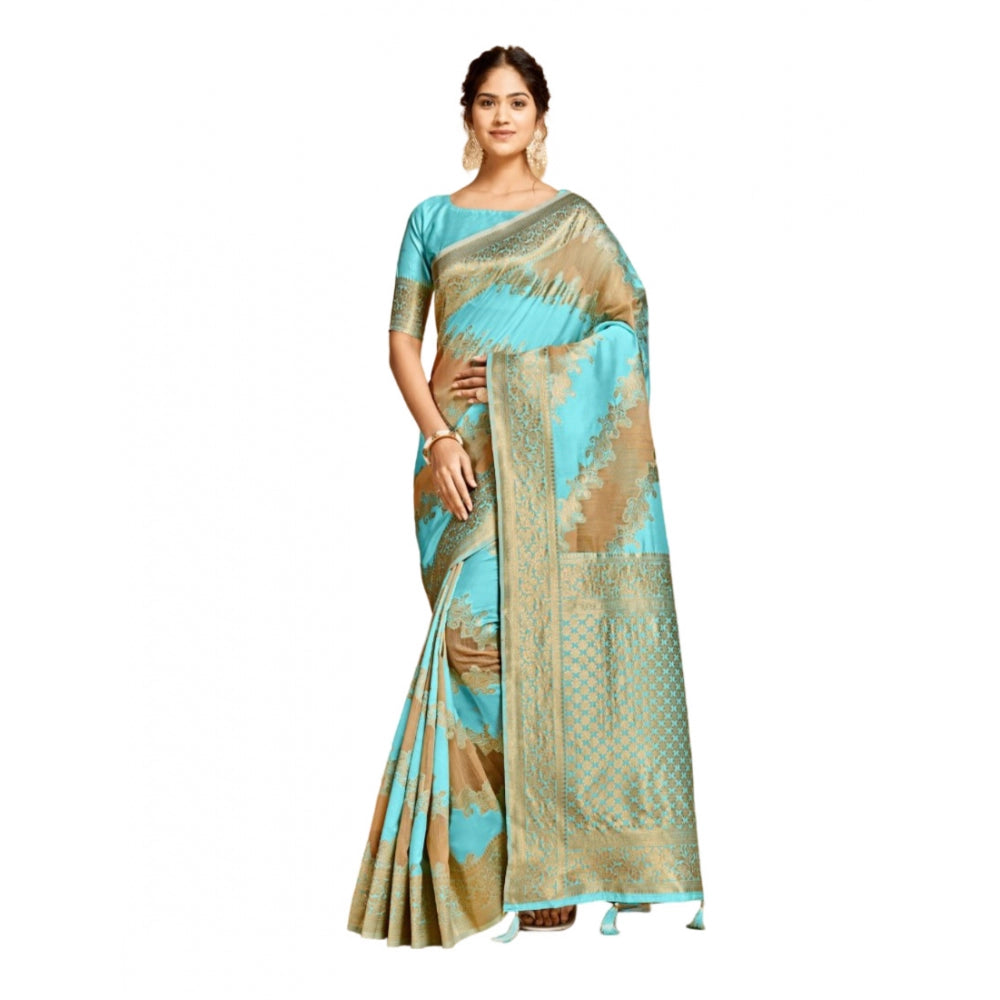 Gillkart Women's Linen Printed Saree With Unstitched Blouse (Sky Blue, 5-6 Mtrs)