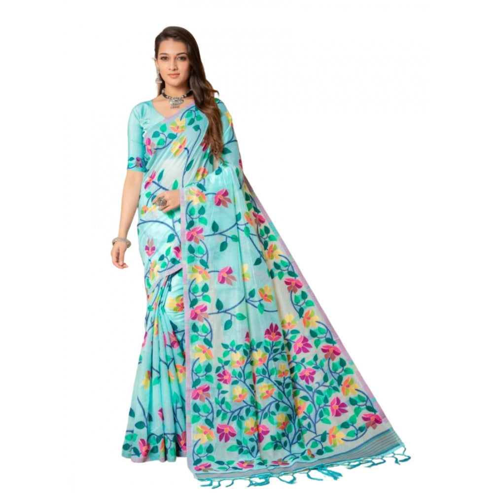 Gillkart Women's Cotton Printed Saree With Unstitched Blouse (Sky Blue, 5-6 Mtrs)