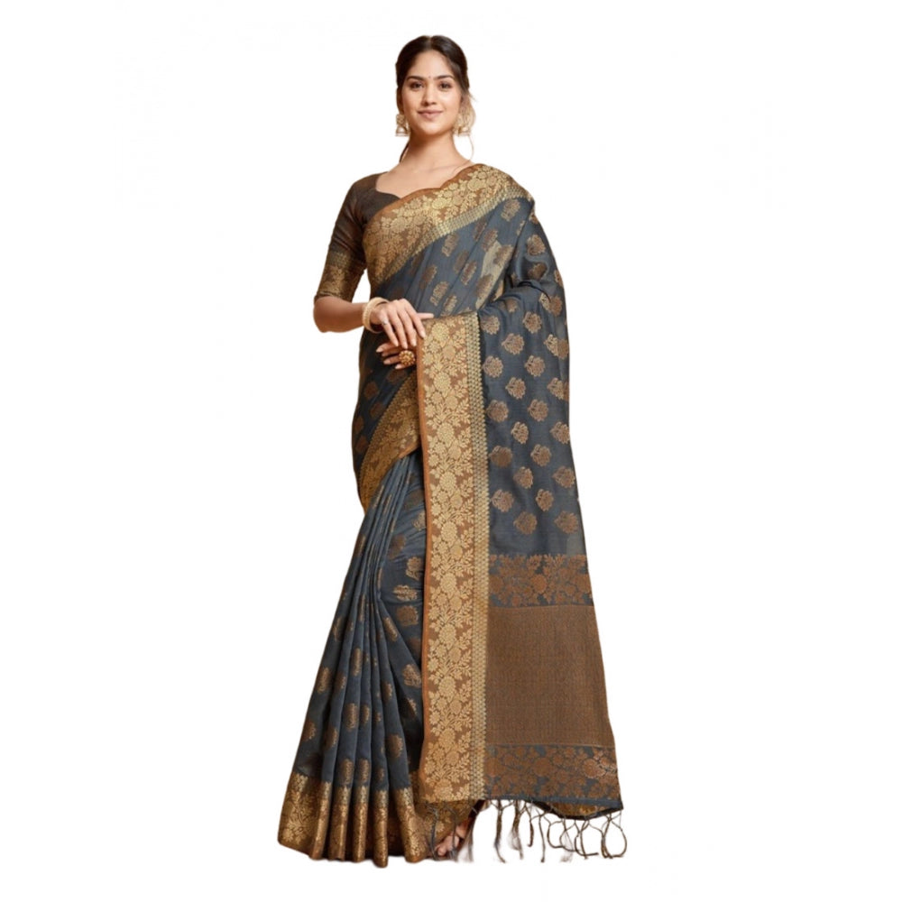Gillkart Women's Chanderi Cotton Printed Saree With Unstitched Blouse (Grey, 5-6 Mtrs)