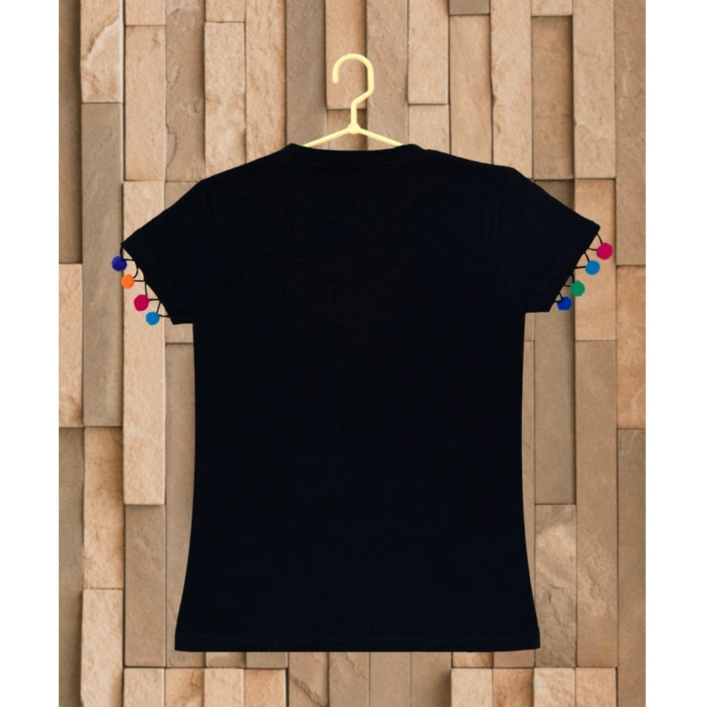 Black printed cotton girls casual short sleeve t-shirt with round neck