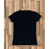 Black printed cotton girls casual short sleeve t-shirt with round neck