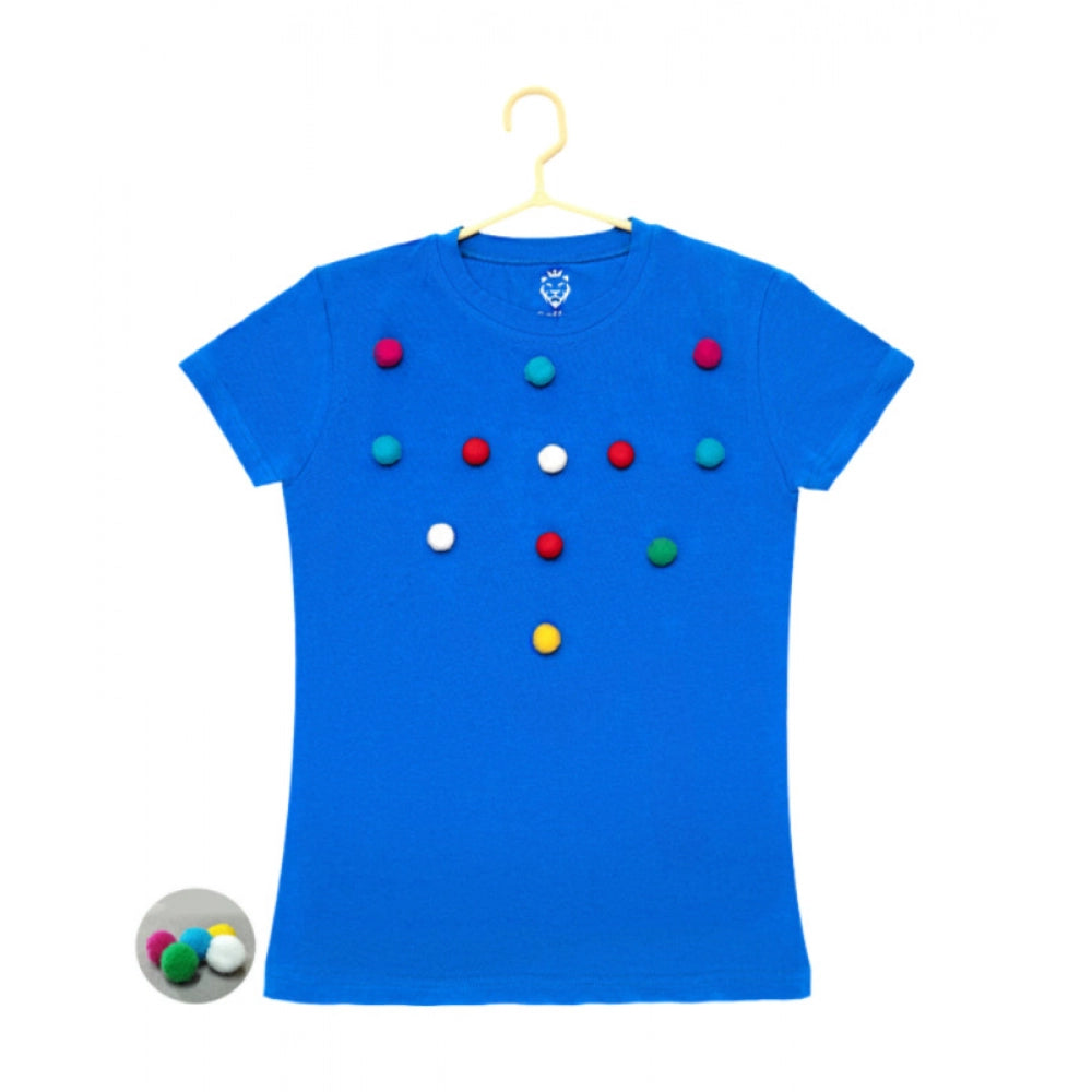 Royal Blue Cotton T-shirt for girls with short sleeves and pom pom balls pattern