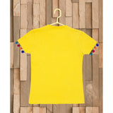 Yellow printed cotton girl's casual short sleeve T-shirt with round neck, fashionable summer wear for young girls